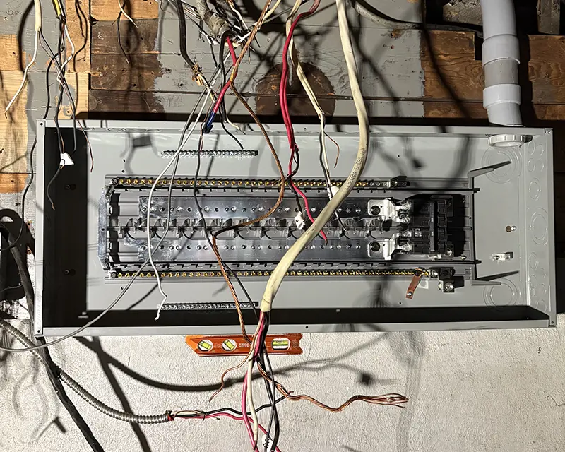 Crowded original electrical panel with aged wiring, photographed before a service upgrade